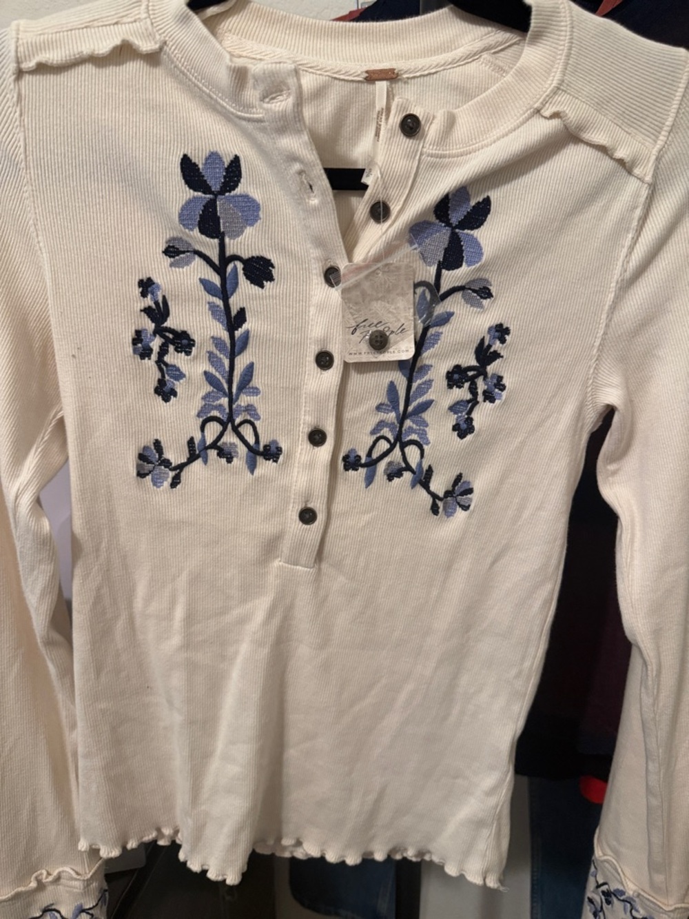 Free People Cream Henley Top with Blue Floral Embroidery - Picture 2 of 5